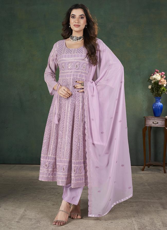 Georgette Lavender Festival Wear Embroidery Work Anarkali Suit